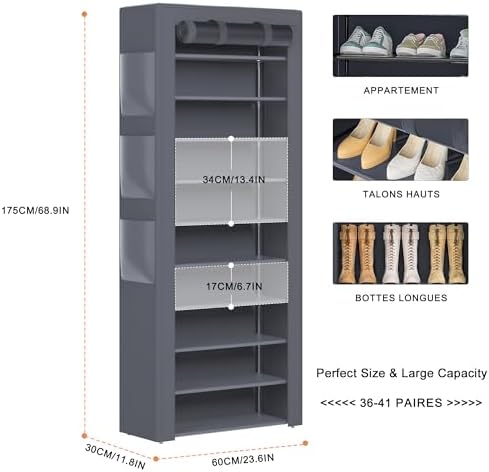OYREL Shoe Rack Dustproof Sturdy 10Tier Tall Large Storage with Side Pocket - Image 3