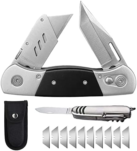 Folding Utility Knife with Sheath and 10 Razor Blades, Heavy Duty Box Cutter Knife with Dual Blades, Construction Knifes Electrician Knife for Carpet Cardboard Work, Pocket Knives Set Gift for Men by Unknown