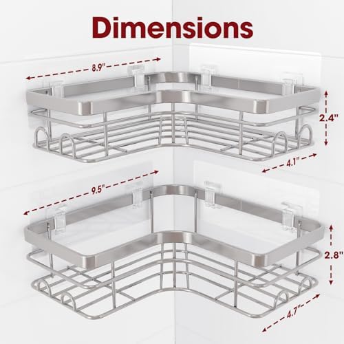 Sakugi Corner Shower Caddy - 2 Pack, Adhesive Shower Organizers, Rustproof Stainless Steel Shower Shelves with 8 Hooks, No Drilling Bathroom Organizers and Storage Racks, Space-Saving, Silver, X-Large - Image 2
