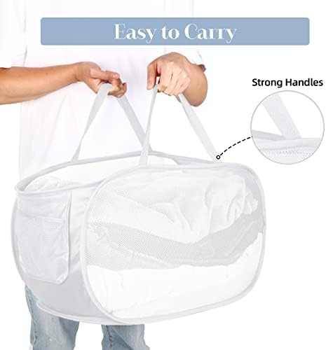 Strong Mesh Pop Up Laundry Basket, Collapsible Laundry Hamper with Side Pocket, Foldable Clothes Hamper with Durable Reinforced Handles for Laundry, Bathroom, Kids Room, Dorm or Travel 2 Pack White - Image 5