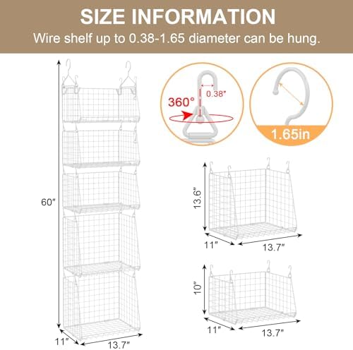 Sonyabecca 5-Tier Hanging Laundry Basket Organizer: Foldable Wire Shelf Basket with 4 Large Hooks 1.65" & 360°Rotating Hooks – Space-Saving Laundry Room Organization for Wardrobe Closet, White Patent - Image 7