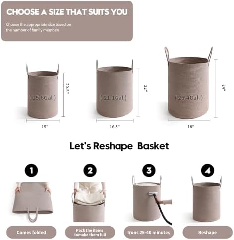 Laundry Basket Hamper Tall Rope Storage Woven for Blanket toys Dirty Clothes in Living Room Bathroom Bedroom (Tan, 100L/26.4Gal) - Image 3