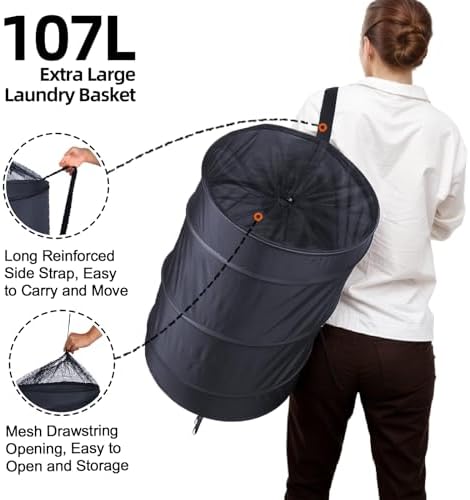 BATTOO Collapsible Laundry Baskets- Foldable Hamper for Laundry Extra Large Pop Up Laundry Hamper 107L with Long Straps Drawstring Clothes Hamper for Bathroom, Campout, Dorm or Travel Navy - Image 3