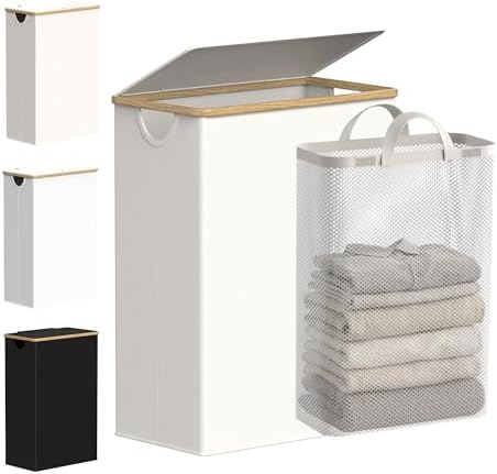 efluky Slim Laundry Basket with Lid, Narrow Laundry Hamper with Removable Bag, Skinny Dirty Clothes Basket with Bamboo Handles for Bathroom, Bedroom & Laundry Room, 65L Beige by efluky