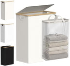 efluky Slim Laundry Basket with Lid, Narrow Laundry Hamper with Removable Bag, Skinny Dirty Clothes Basket with Bamboo Handles for Bathroom, Bedroom & Laundry Room, 65L Beige by efluky