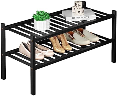 ROMGUAR CRAFT 2 Tier Bamboo Shoe Rack for Closet Free Standing Wood Shoe Shelf for Entryway Small Space Stackable 27"x11"x13" (Black) by ROMGUAR+CRAFT