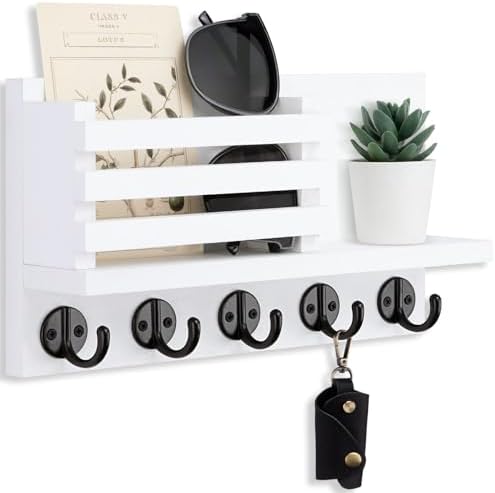 Lwenki Key Holder for Wall – Decorative Wooden Mail Holder and Key Shelf with Mounting Hardware, Installation Guide – Paulownia Wood with Metal Key Hooks (White, Large - 11.8inch) by Lwenki