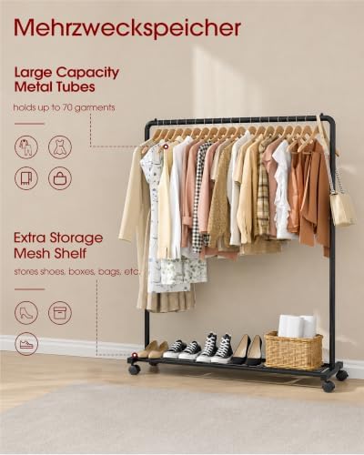 Sakugi Clothes Rack - Clothing Rack with Storage Mesh Shelf & Casters, Heavy-Duty Metal Clothing Rack for Hanging Clothes, Dresses, Coats, Large Load Capacity, Easy Assembly, Black, 44.3"x16.9"x59.0" - Image 4