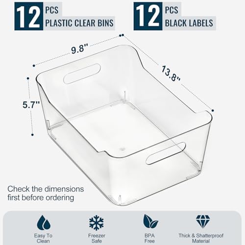 12 PACK Multi-Use Clear Plastic Storage Bins for Organizing w/ Labels - Home, Kitchen, Pantry, Bathroom, Office, Cabinet Shelf Organizer Bins - SOHO Collection, RV, Fridge Organization Containers -XXL - Image 3