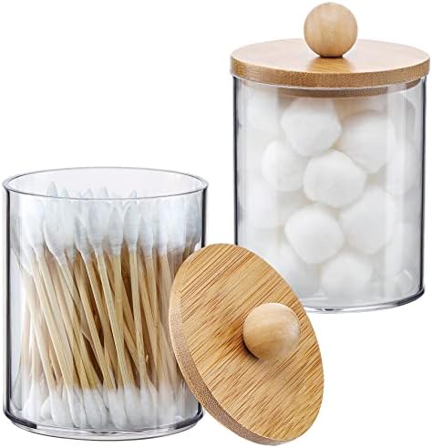 2 Pack Qtip Holder Dispenser with Bamboo Lids - 10 oz Clear Plastic Apothecary Jar Containers for Vanity Makeup Organizer Storage - Bathroom Accessories Set for Cotton Swab, Ball, Pads, Floss by VITEVER