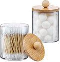 2 Pack Qtip Holder Dispenser with Bamboo Lids - 10 oz Clear Plastic Apothecary Jar Containers for Vanity Makeup Organizer Storage - Bathroom Accessories Set for Cotton Swab, Ball, Pads, Floss by VITEVER