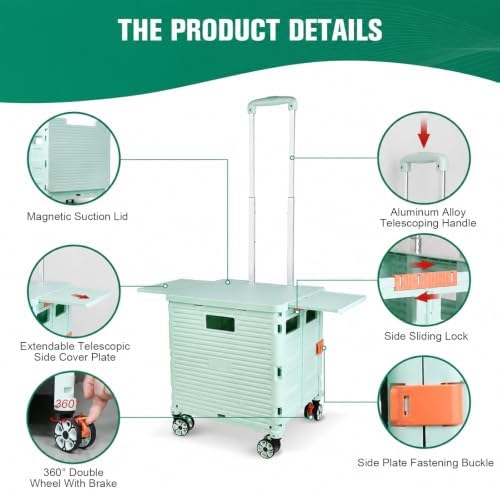 FELICON SELORSS Folding Utility Cart Portable Rolling Crate Handcart-Green - Image 3