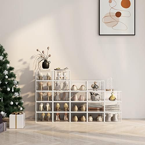 SEE SPRING 12 Pack Shoe Storage Box, Clear Plastic Stackable Shoe Organizer for Closet, Space Saving Foldable Shoe Rack Sneaker Container Bin Holder - Image 6
