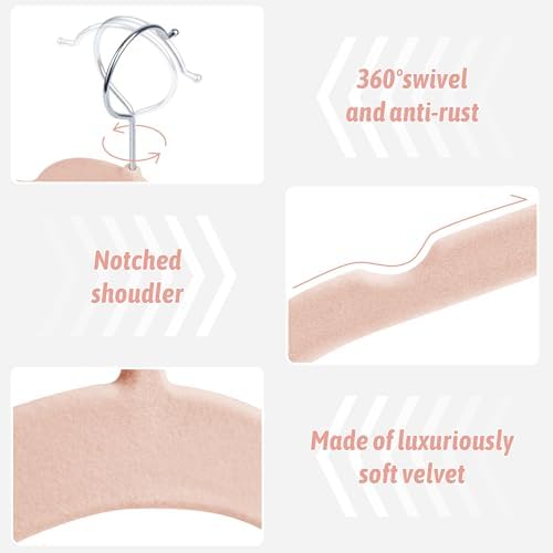 Sishynio Velvet Hangers 50 Pack, Non-Slip Slim Felt Clothes Hangers Pink | Space-Saving Closet Organization; Flocked Surface; 360° Swivel Hooks; For Shirts, Coats, Dresses, Blouses - Image 2