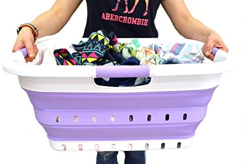 SAMMART 41L Collapsible 3 Handled Plastic Laundry Basket - Foldable Pop Up Storage Container/Organizer - Portable Basket - Space Saving Hamper/Basket (3 handled rectangular, White/Lt. Purple) - Image 6