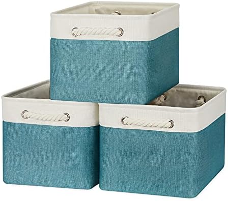 Bidtakay Basket Storage Bins with Handles Fabric Large Storage Baskets for Organizing Set of 3 Collapsible Rectangular Basket for Shelves Closet Organizer 15 X 11 X 9.5 Inches(White&Teal Blue) by BidtakayBaskets