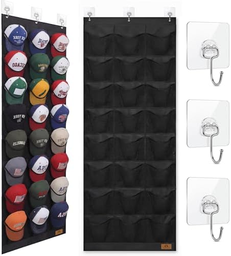 Hat Organizer for Baseball Caps-24 Deep Pockets, Visible Hat Rack for Door by Amoowis