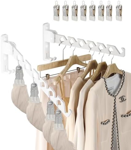 Wall Mount Coat Hanger Holder White Clothes Drying Organizer Rack Garment Hooks Aluminium Retractable Folding Indoor Wall Mounted Hanger Space Saver for Laundry Room Bedroom White 2 Pack with 8 Hooks by DrDJ