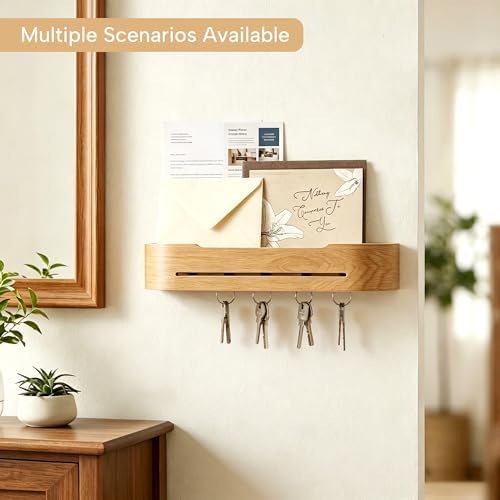 Key Holder Wall Mount with 5 Hidden Hooks Minimalis Key Hanger Rack Wood Modern Hollow Key Hook Mail Organizer Tray Shelf Home Decor for Entryway Furniture - Image 3