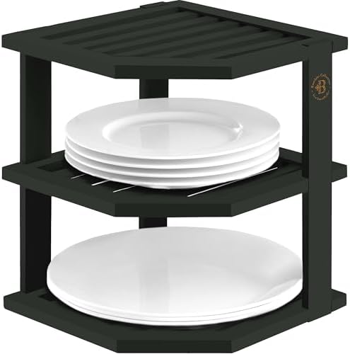Black Plate Organizer for Cabinet - 3 Tier Bamboo Corner Cabinet Organizer Shelf for Plates Bowls Mugs Cups, Kitchen Cabinet Organizer, Cabinet Shelf Organizer, Countertop Rack, 10 x 10 x 9.5 Inch by Bamb%C3%BCsi
