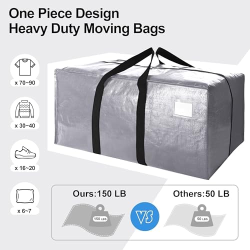 6 Pack Heavy Duty Extra Large Moving Bags W/Backpack Straps - Strong Handles & Zippers, Storage Totes For Space Saving, Fold Flat, Alternative to Box and Bin (40 gal, Silver) - Image 5