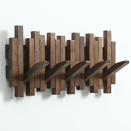 Natural Wood Wall Mounted Piano Coat Rack| Coat Rack Wall Mount| Flip Down Wall Hook Rack 5 Hooks| Entryway Coat Rack,Made of Acacia Wood (Walnut Color Dyed with Wood Wax Oil).Wall Art by Gogreebell