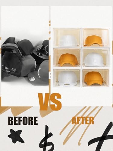 SCAVATA 6 Pack Hat Organizer Box, Stackable Clear Baseball Caps Holder Box Containers with Magnetic Door for Hats Snapback Cap Storag, Hat Rack Display Case, Holds 8 Hats Each (White) - Image 4