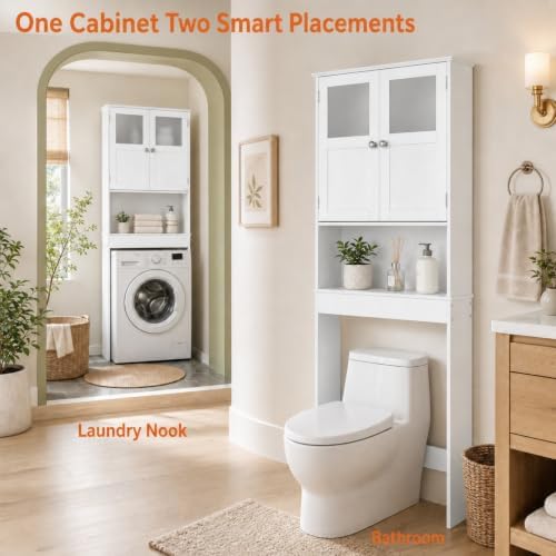 VINGLI Over The Toilet Storage Cabinet White Bathroom Storage Organizer Above the Toilet Shelf with Acrylic Glass Double Doors Wood Muebles para BañO Rack with Adjustable Shelf - Image 4