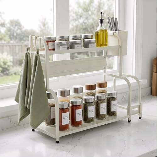 2 Tier Bathroom Counter Organizer, Narrow Space Saving Metal Shelf with Hooks and Side Basket, Multifunctional Vanity Tray Rack for Makeup, Skincare, Spice and Kitchen Storage, White - Image 5