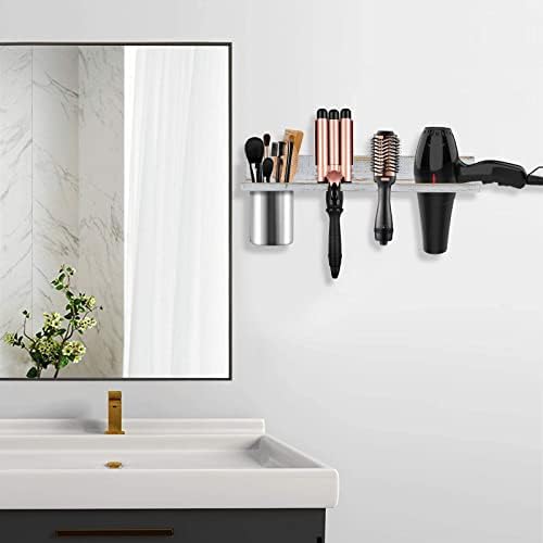 Hair Tool Organizer Wall Mounted, Sturdy Pine Wood Construction, Removable Stainless Steel Cup, Holds Hair Dryers, Straighteners, Curling Irons, Brushes, and More, White - Image 2