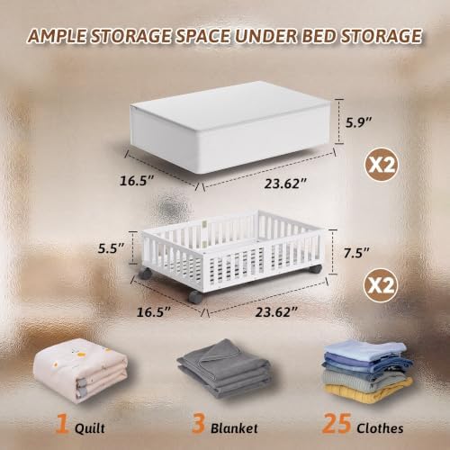 MHXW SXPN 2 Pack Bamboo Under Bed Storage Containers with Wheels, White | Underbed Drawer Storage with Bag, Wood Rolling Underbed Organizer for Shoes, Sheets Clothes Blanket Comforter, Under Crib Toy - Image 2