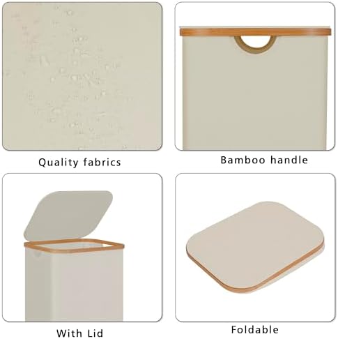 100L Laundry Hamper with Lid, Lagre Basket with Bamboo Handles,Foldable Clothes Hamper Tall Dirty Laundry Basket for Clothes Toys Towels Organizing,Beige - Image 2