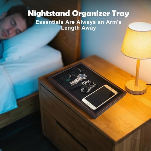 Wooden Valet Tray with Leather Base - Nightstand Catchall Organizer for Cologne, Perfume, Keys, Wallet, Phone, Watch, Jewelry & Sunglasses (Black) - Image 4