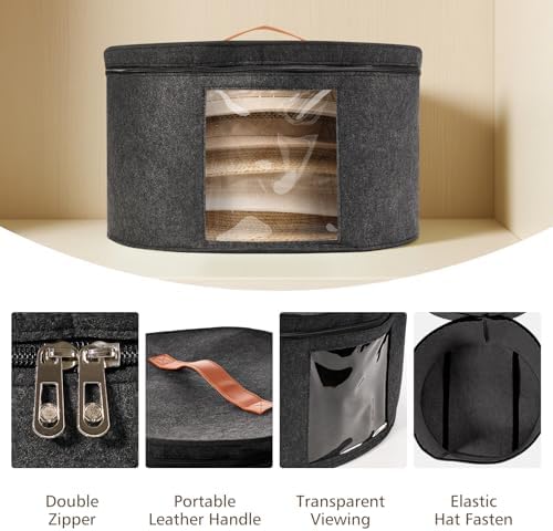 HEAVYWOOD Hat Box for Women Storage Travel Felt Hat Case for Wide-Brim Cowboy Hat Storage Foldable Organizer for Closet Large Round Hat Carrier with Portable Handle (Dark Gray) - Image 3