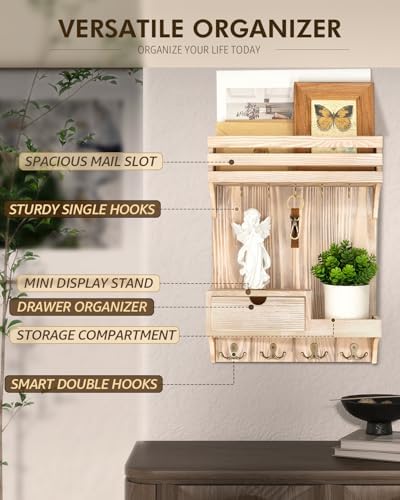 Rebee Vision Key Holder Wall Mount with Drawer for Entryway, Natural Wood - Image 4