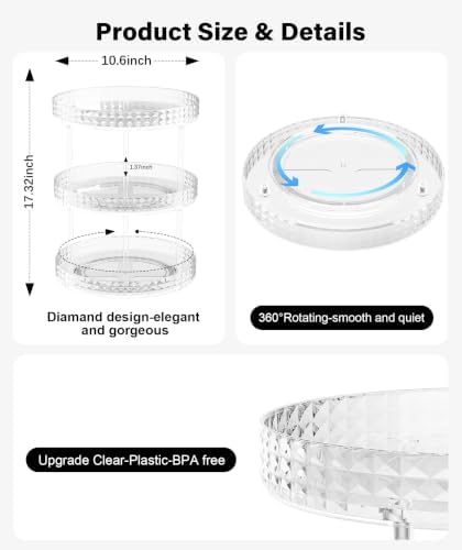 3Tier Diamond Lazy Susan Bathroom Countertop Organizer, 360° Clear Rotating Makeup Cosmetic Perfume Storage Tray, Spinning Vanity Organizer Shelf for Bathroom Cabinet, Dresser, Kitchen(Large) - Image 2