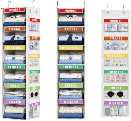 DIMJ Weekly Clothes Organizer for Kids - 2 in 1 Hanging Closet Organizer 6-Shelf Daily Monday Friday and Weekend Hanging Shelf Over the Door/Closet, for School Outfits for Girls/Boys, White by DiMJ