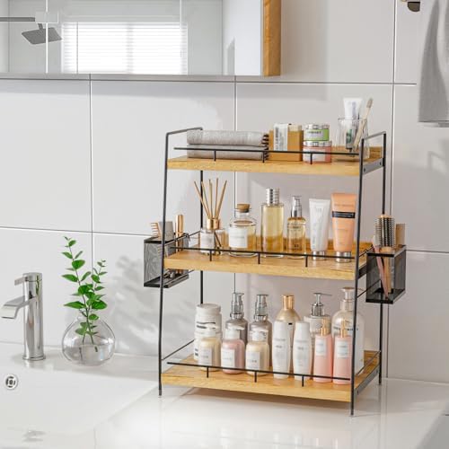 Wood 3 Tier Bathroom Counter Organizer with Side Baskets Fits Tall Bottles - Image 5
