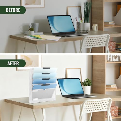 EASEPRES 6 Tier Mesh Hanging Wall File Organizer, Desk Vertical Mail Paper Document Folder Holder Rack with Bottom Tray and Nametag Label for Office Home School, White - Image 5