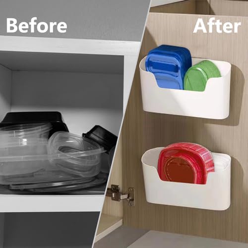 Bawuie Adhesive Cabinet Door Organizer, Lid Organizer for Food Storage Container Lid, Wall Mounted Over Pantry Door Organizer Bin Holder Caddy for Plastic Lid Kitchen Bathroom, White, 2 Pack - Image 2