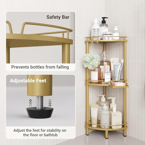 ELYKEN Corner Shower Caddy Standing, 3 Tier Metal Shower Organizer, Gold - Image 5