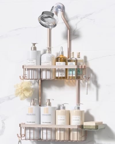 YASONIC Never Rust Shower Caddy Hanging, Aluminum Shower Racks for Inside Shower, 2-Tier Shower Organizer Hanging Over Shower Head with Hooks and Soap Holder, Rose Gold by YASONIC