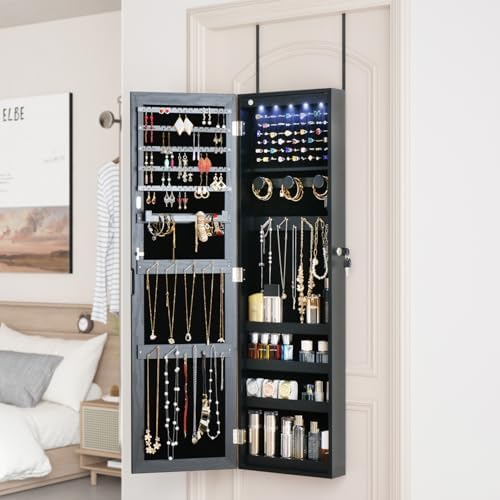 Full Length Mirror Jewelry Cabinet Organizer Lockable Door Wall-Mounted Jewelry Armoire with Shelves and Behind the Door Storage Black - Image 5