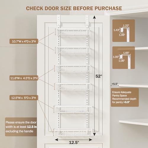 Delamu White Narrow 6-Tier Over the Door Pantry Organizer, Adjustable Metal Hanging Spice Rack, Cabinet Door Organizer for Kitchen, Bathroom, Laundry Room, 12.5 - Image 2
