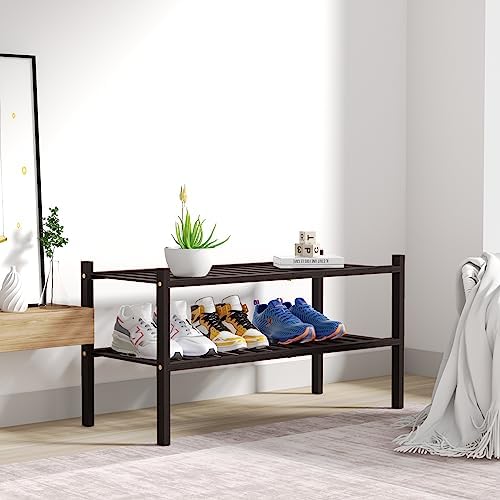 ROMGUAR CRAFT 2 Tier Bamboo Shoe Rack for Closet Free Standing Wood Shoe Shelf for Entryway Small Space Stackable 27"x11"x13" (Brown) - Image 7