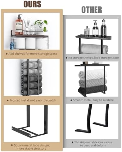 Large Towel Rack & Bathroom Towel Holder - Wall Mounted Metal Rack with Wooden Floating Shelf, Small Bathroom Towel Storage, Easy Holds 6 Large Rolled Towels, Black with Brown Plank - Image 4