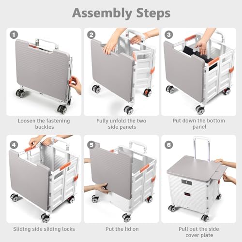 Foldable Utility Cart Folding Portable Rolling Crate with Magnetic Extended Lid,360°Rotate Wheels,176LBS Load Capacity,Heavy Duty Durable Dolly Cart for Teacher Tourist Shopping Office Outdoor(White) - Image 3