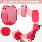 Pop Up Laundry Hamper, 70 L Collapsible Mesh Basket with Side Pocket, Red - Image 5