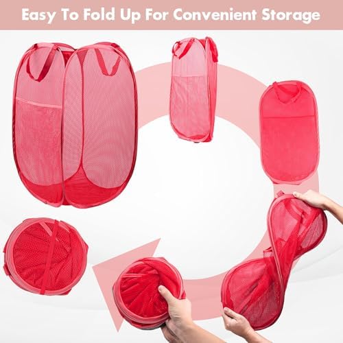Pop Up Laundry Hamper, 70 L Collapsible Mesh Basket with Side Pocket, Red - Image 5