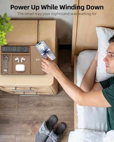 Valet Tray with Wireless Charger, Nightstand Organizer & Catchall Tray for Phone, Keys, Glasses and Accessories, Premium Linen, Stylish Desk & Bedside Storage Station - Image 4